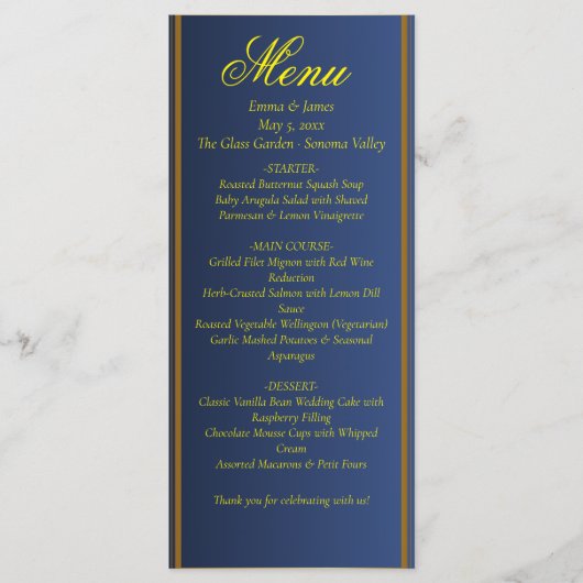 Elegant Navy Blue and Gold Wedding Menu Card メニュー (正面)