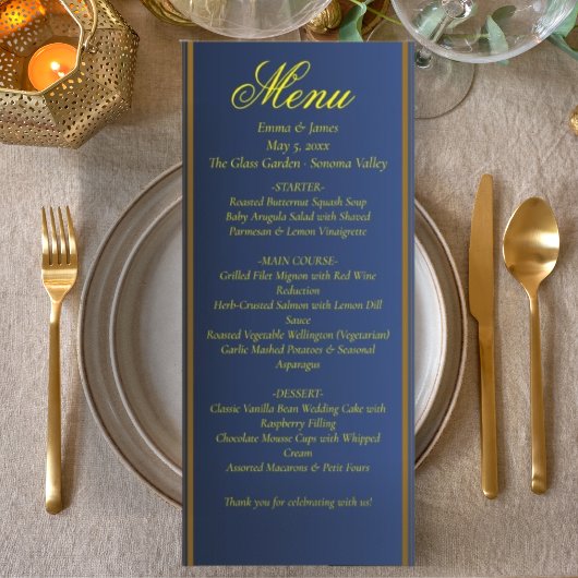 Elegant Navy Blue and Gold Wedding Menu Card メニュー