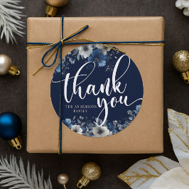 Elegant Navy Blue and Silver Floral ラウンドシール