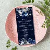 Elegant Navy Blue and Silver Floral Wedding Menu  メニュー