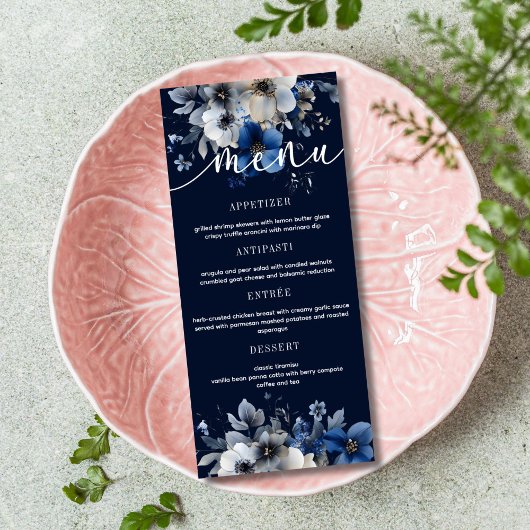Elegant Navy Blue and Silver Floral Wedding Menu  メニュー