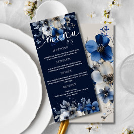 Elegant Navy Blue and Silver Floral Wedding Menu メニュー