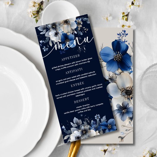Elegant Navy Blue and Silver Floral Wedding Menu  メニュー