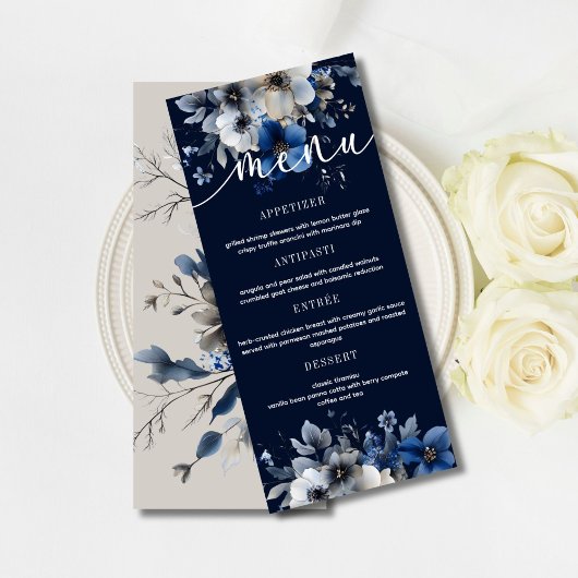 Elegant Navy Blue and Silver Floral Wedding Menu  メニュー