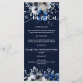 Elegant Navy Blue and Silver Floral Wedding Menu  メニュー (正面)