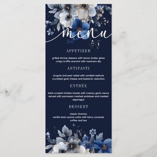 Elegant Navy Blue and Silver Floral Wedding Menu  メニュー (正面)