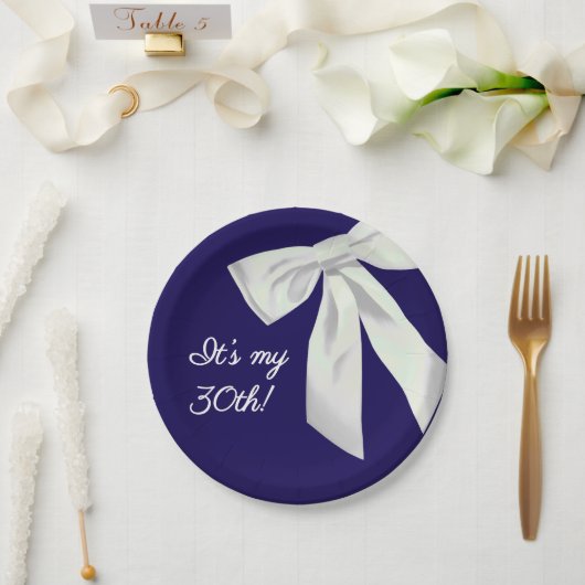 Elegant Navy Blue Birthday Paper Plate- White bow  ペーパープレート (ウェディング)