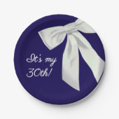 Elegant Navy Blue Birthday Paper Plate- White bow  ペーパープレート (正面)