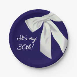 Elegant Navy Blue Birthday Paper Plate- White bow  ペーパープレート