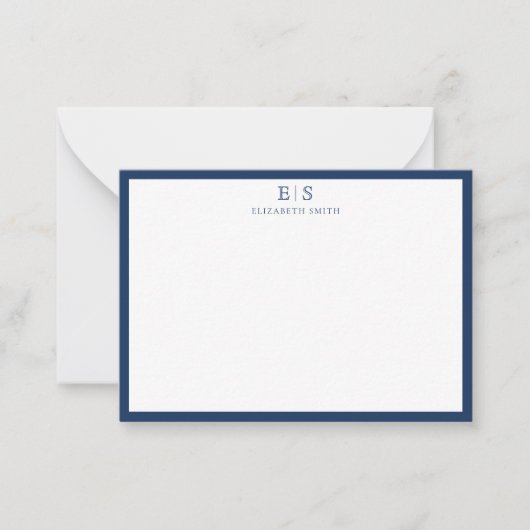 Elegant Navy Blue Border Monogram ノートカード (正面)