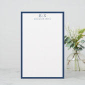 Elegant Navy Blue Border Monogram 便箋 (スタンド正面)