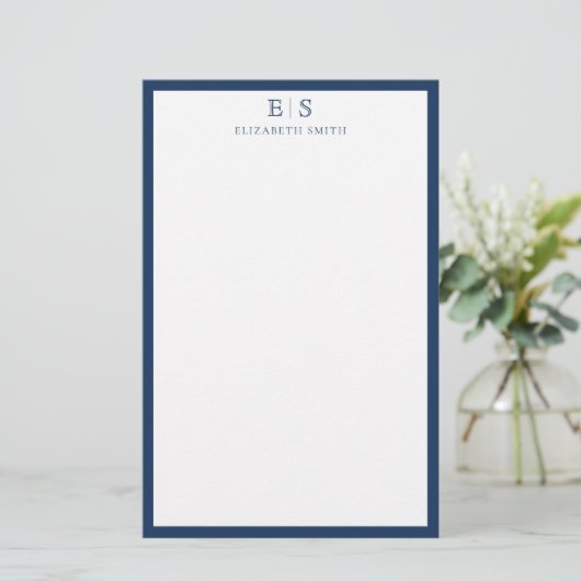 Elegant Navy Blue Border Monogram 便箋 (スタンド正面)