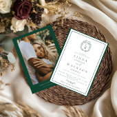 Elegant Navy Blue botanical crest monogram wedding 招待状