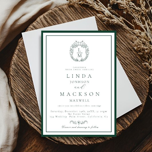 Elegant Navy Blue botanical crest monogram wedding 招待状