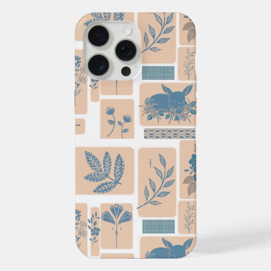 Elegant Navy Blue Botanical Rabbit Pattern Phone C iPhoneケース (裏面)