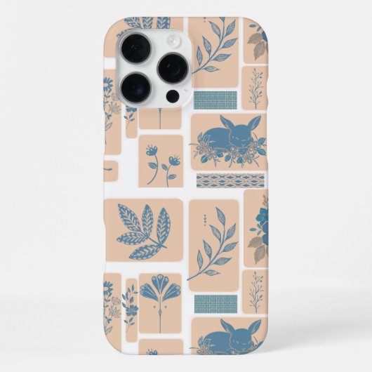Elegant Navy Blue Botanical Rabbit Pattern Phone C iPhoneケース (裏面)