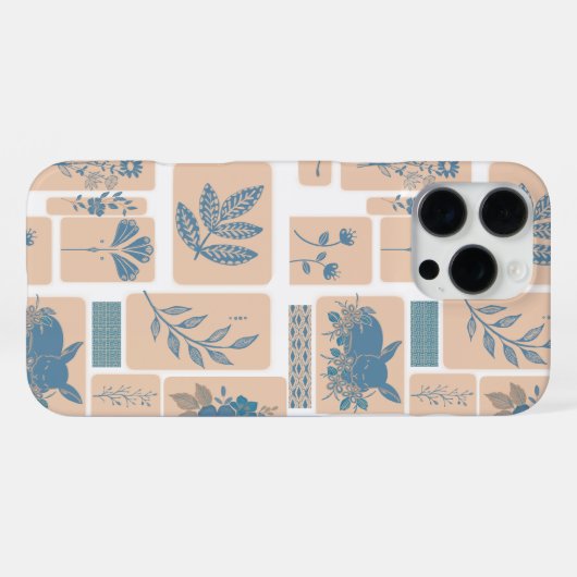 Elegant Navy Blue Botanical Rabbit Pattern Phone C iPhoneケース (裏面横)