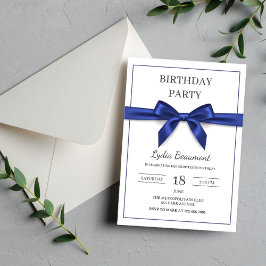 Elegant Navy Blue Bow Birthday Invitation 招待状