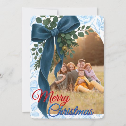  Elegant Navy Blue Bow & Fresh Greenery Photo  シーズンカード (正面)