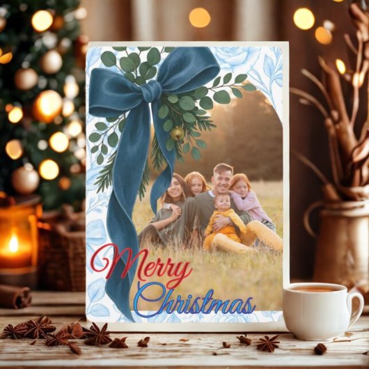  Elegant Navy Blue Bow & Fresh Greenery Photo  シーズンカード