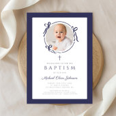 Elegant Navy Blue Bow Photo Baptism 招待状