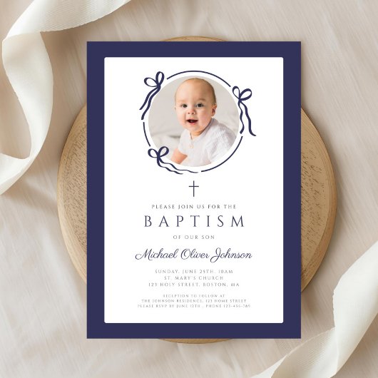 Elegant Navy Blue Bow Photo Baptism 招待状
