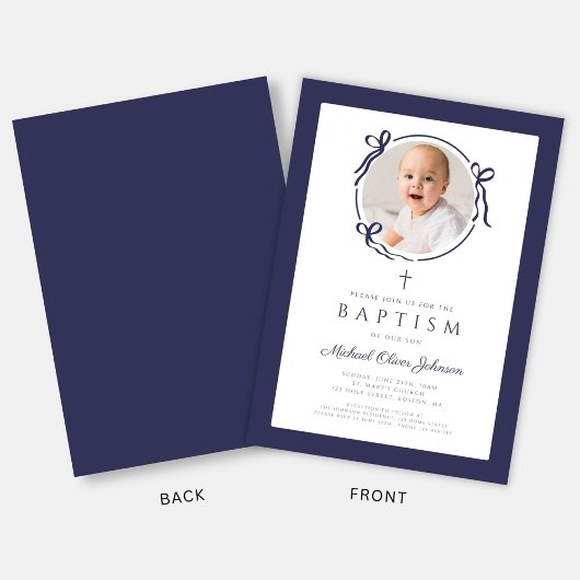 Elegant Navy Blue Bow Photo Baptism 招待状