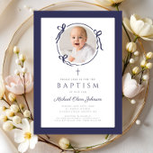 Elegant Navy Blue Bow Photo Baptism 招待状
