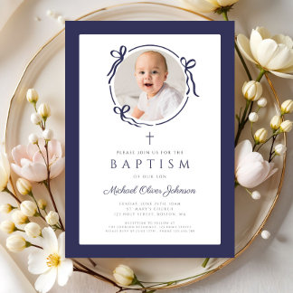Elegant Navy Blue Bow Photo Baptism 招待状