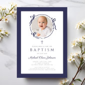 Elegant Navy Blue Bow Photo Baptism 招待状