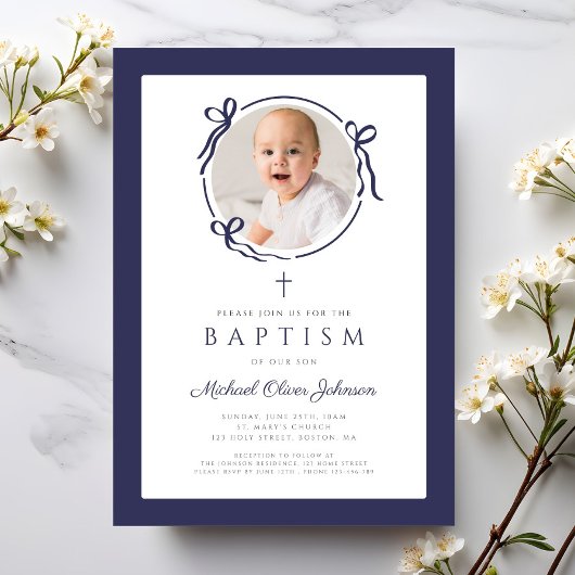 Elegant Navy Blue Bow Photo Baptism 招待状