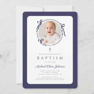 Elegant Navy Blue Bow Photo Boy Baptism 招待状