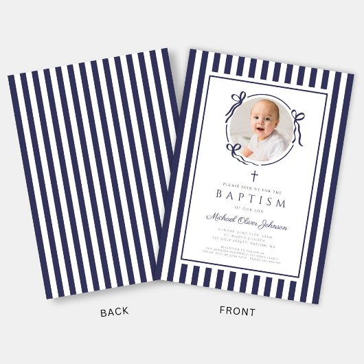 Elegant Navy Blue Bow Photo Boy Baptism 招待状