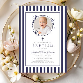 Elegant Navy Blue Bow Photo Boy Baptism 招待状