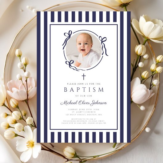 Elegant Navy Blue Bow Photo Boy Baptism 招待状