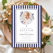 Elegant Navy Blue Bow Photo Boy Baptism 招待状