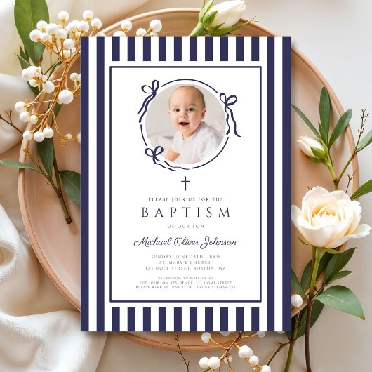 Elegant Navy Blue Bow Photo Boy Baptism 招待状