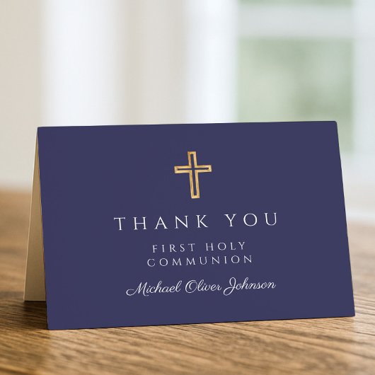 Elegant Navy Blue Boy First Communion  サンキューカード