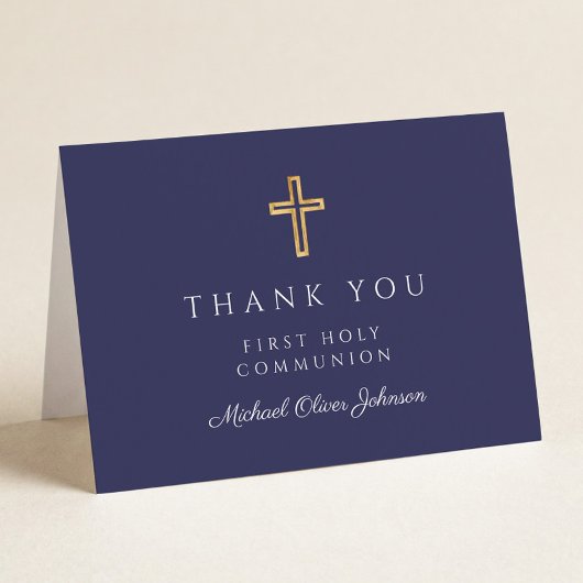 Elegant Navy Blue Boy First Communion サンキューカード