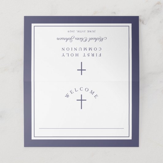 Elegant Navy Blue Boy First Communion プレイスカード (外部開封)