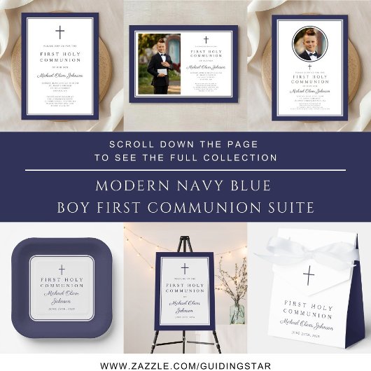 Elegant Navy Blue Boy First Communion プレイスカード