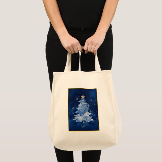 Elegant Navy Blue Christmas Tree Monogram トートバッグ (正面(商品))