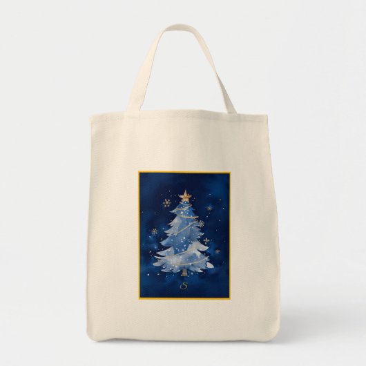Elegant Navy Blue Christmas Tree Monogram トートバッグ (正面)