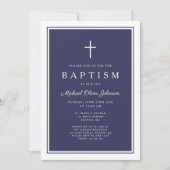 Elegant Navy Blue Cross Baby Boy Baptism 招待状 (正面)