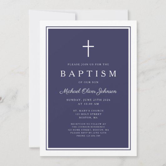 Elegant Navy Blue Cross Baby Boy Baptism 招待状 (正面)