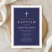 Elegant Navy Blue Cross Baby Boy Baptism 招待状