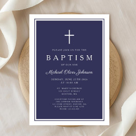 Elegant Navy Blue Cross Baby Boy Baptism 招待状