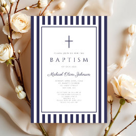 Elegant Navy Blue Cross Boy Baptism 招待状