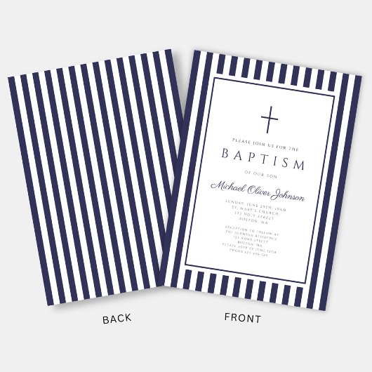 Elegant Navy Blue Cross Boy Baptism 招待状