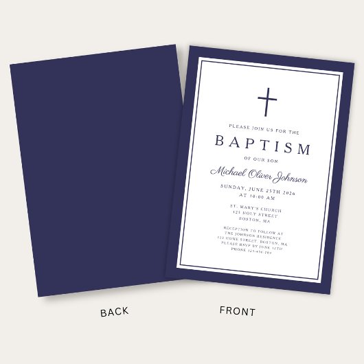Elegant Navy Blue Cross Boy Baptism 招待状
